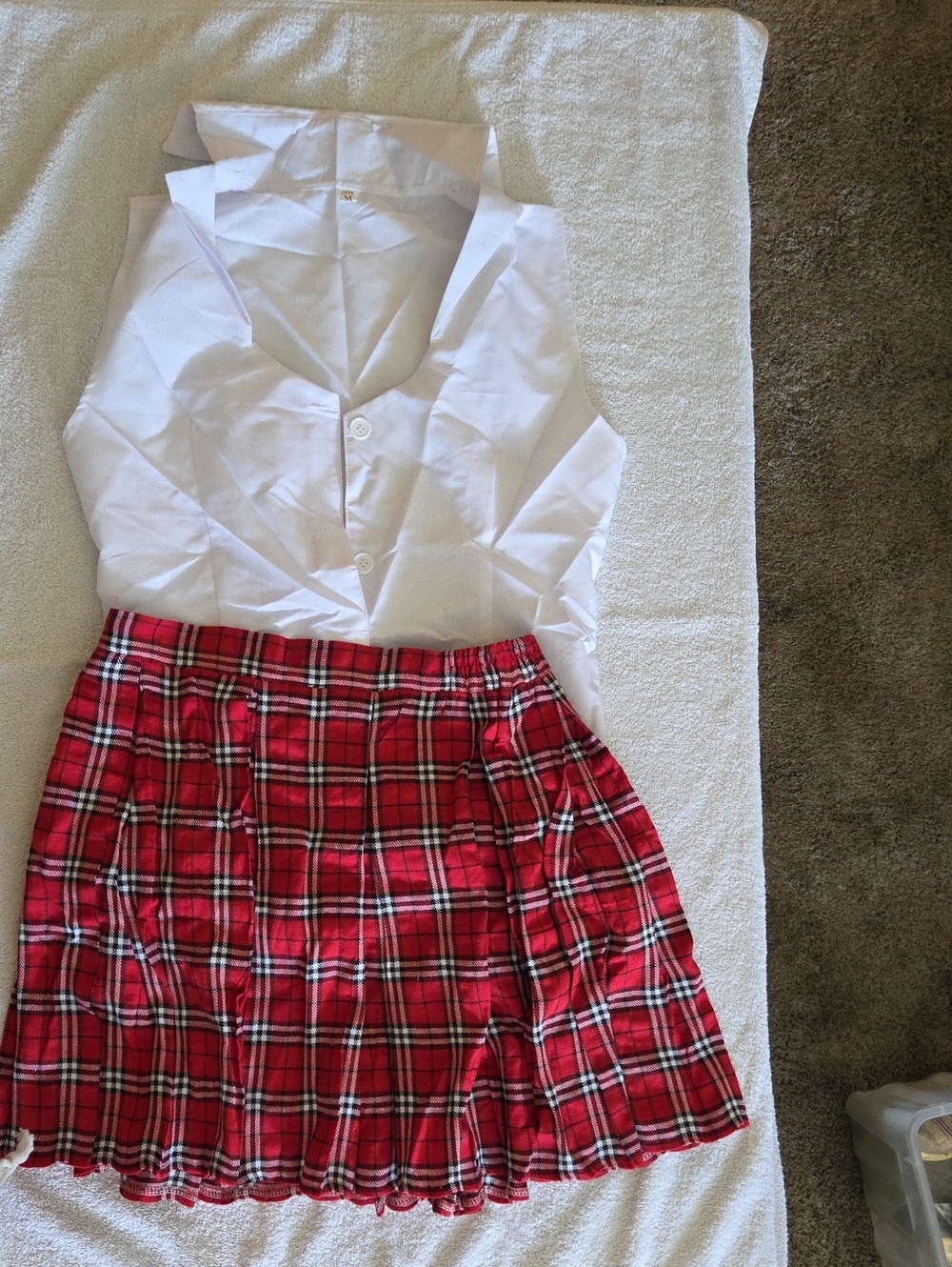 White Button-Up Top with Red Plaid Pleated Skirt - Women's Set